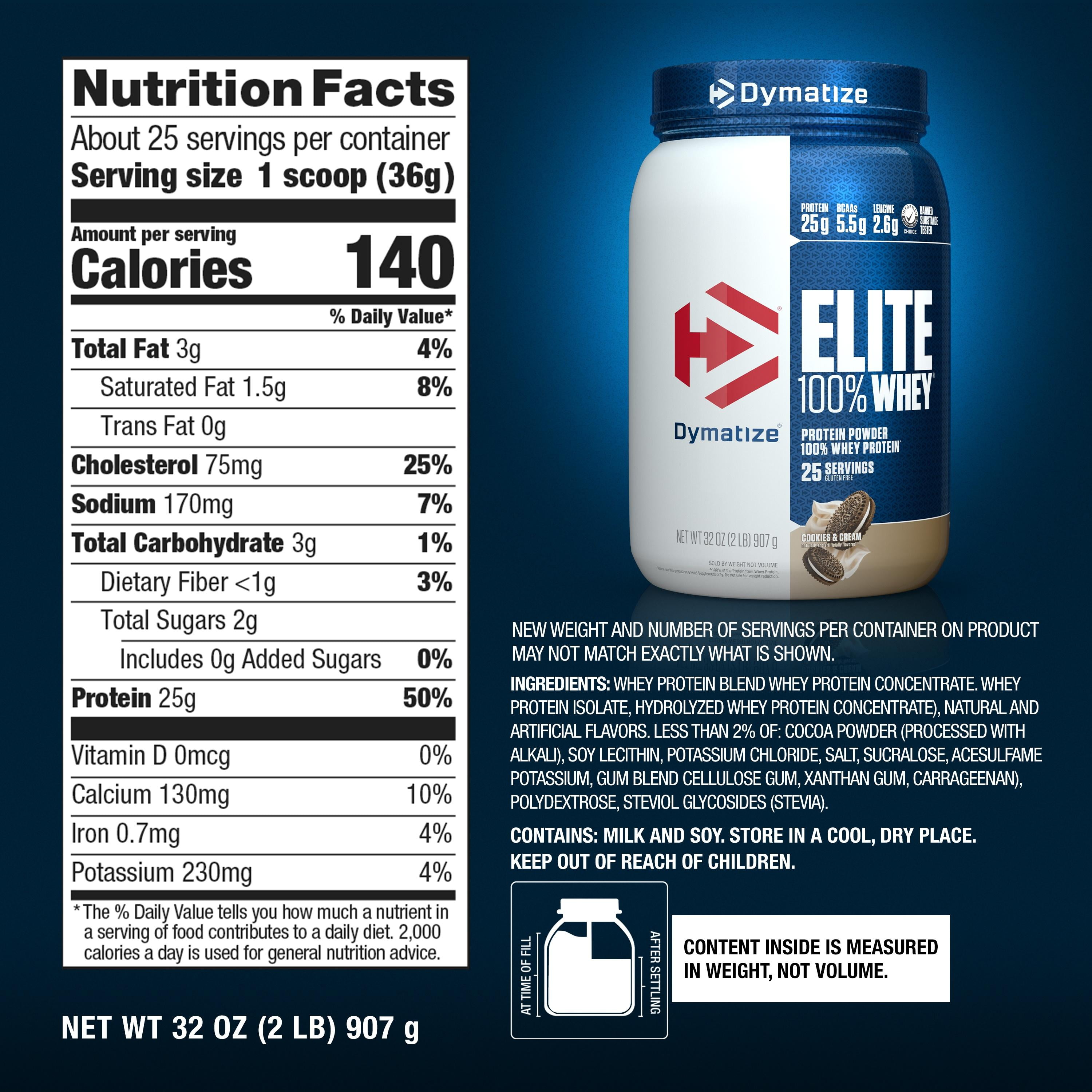 Nutrition label for Elite 100% Whey, Cookies & Cream