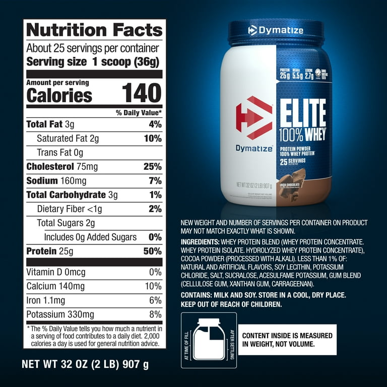 Nutrition label for Elite 100% Whey, Rich Chocolate