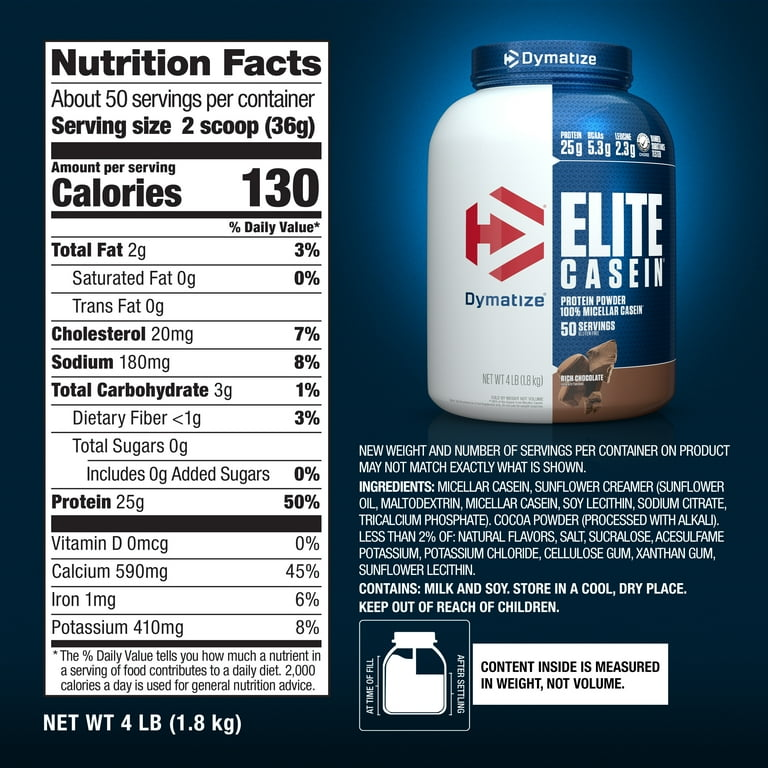 Nutrition label for Elite Casein, Rich Chocolate