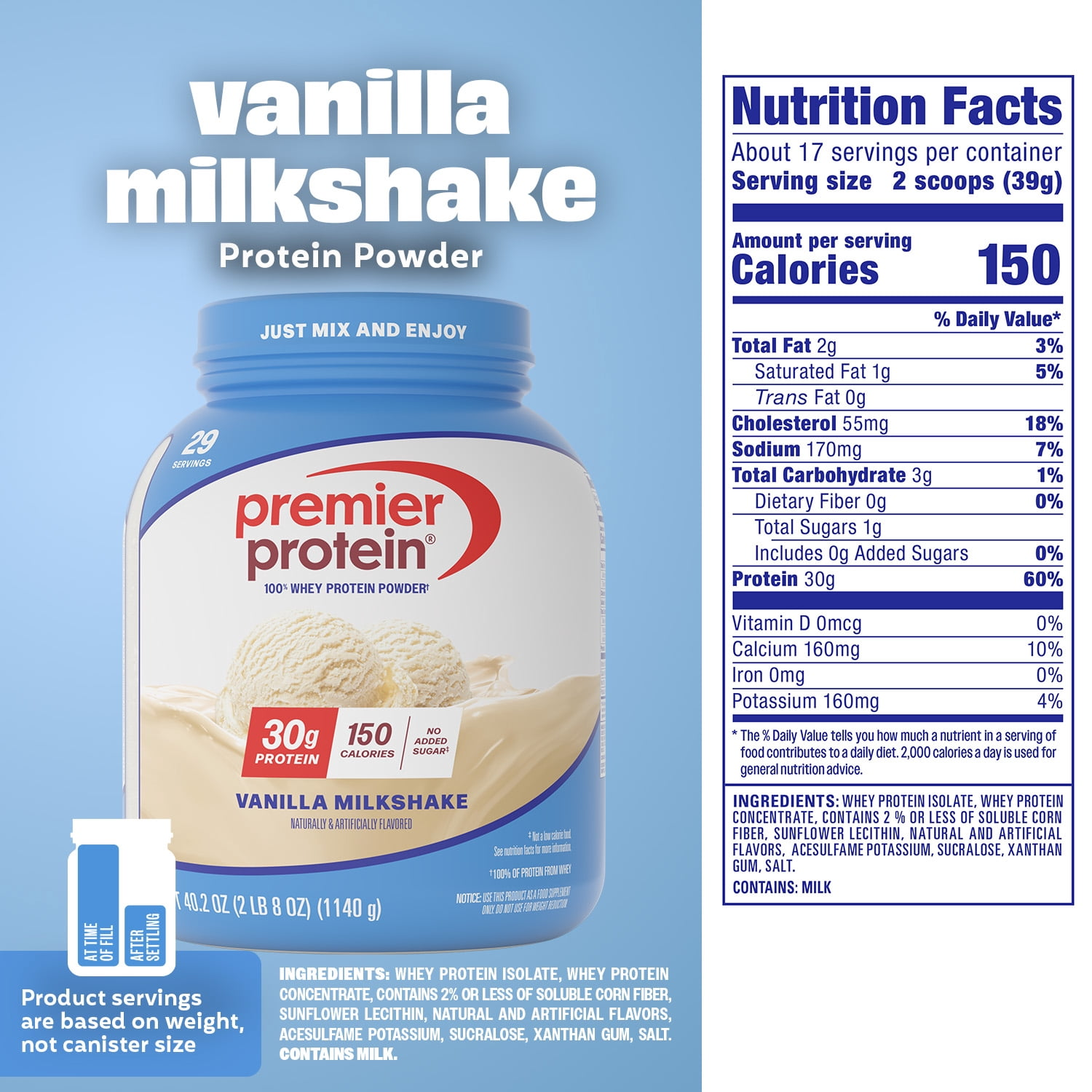 Nutrition label for Vanilla Milkshake Protein Powder