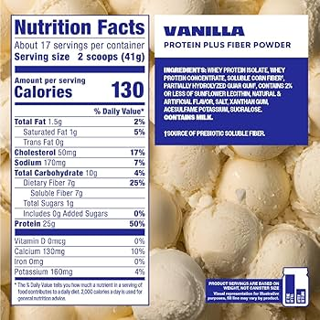 Nutrition label for Vanilla Protein Plus Fiber Powder