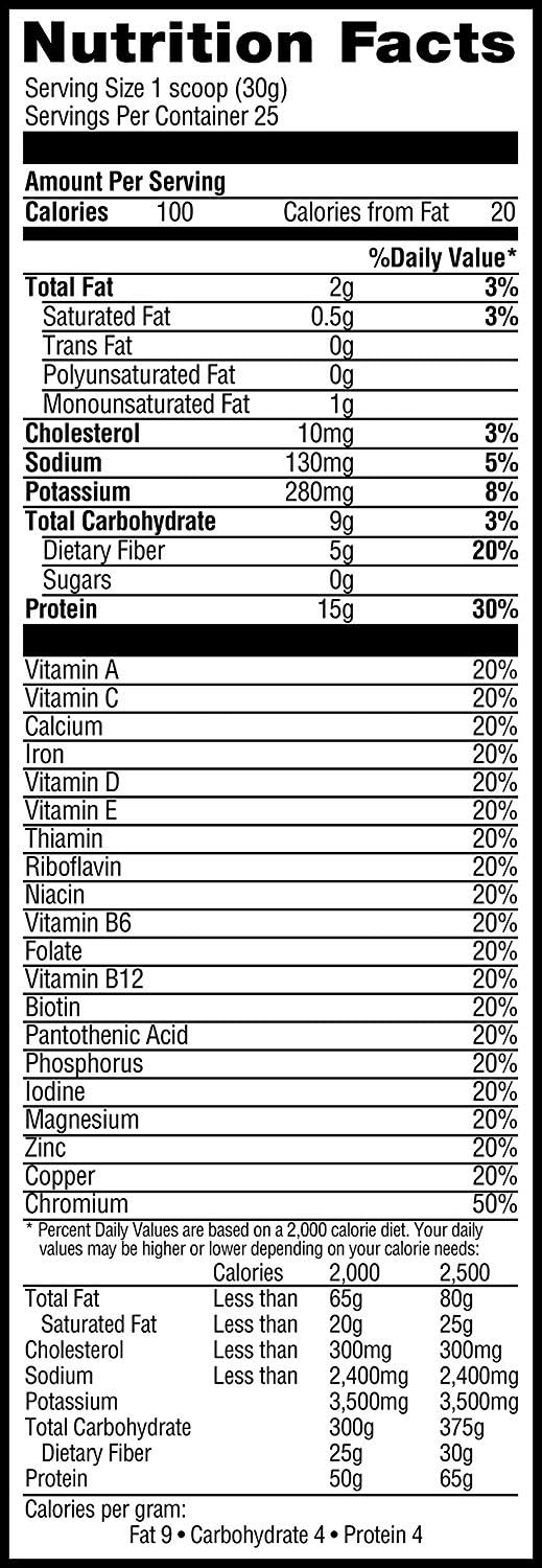 Nutrition label for MUSCLE MILK ZERO Protein Powder, Chocolate