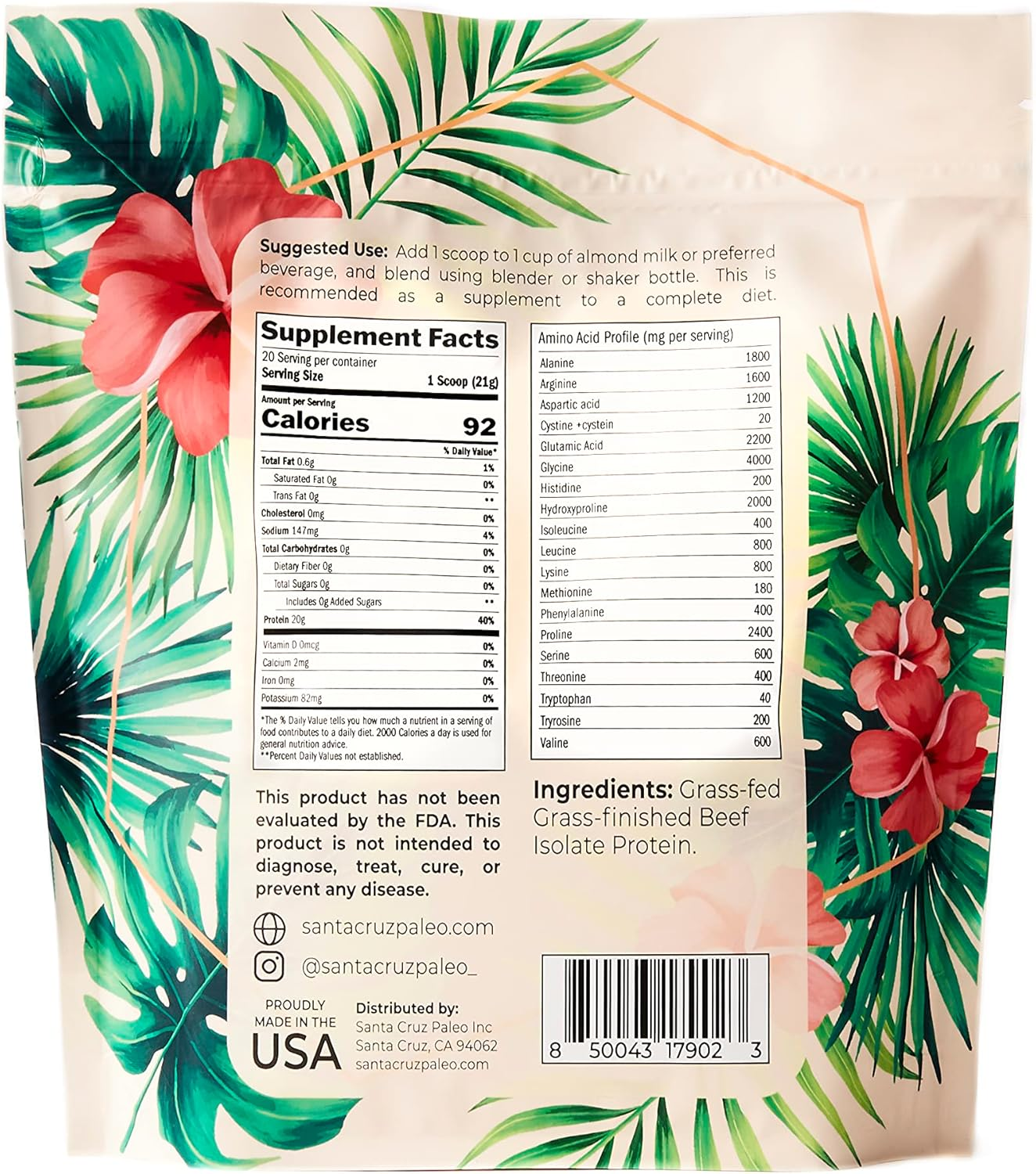 Nutrition label for Au Natural Beef Isolate Protein
