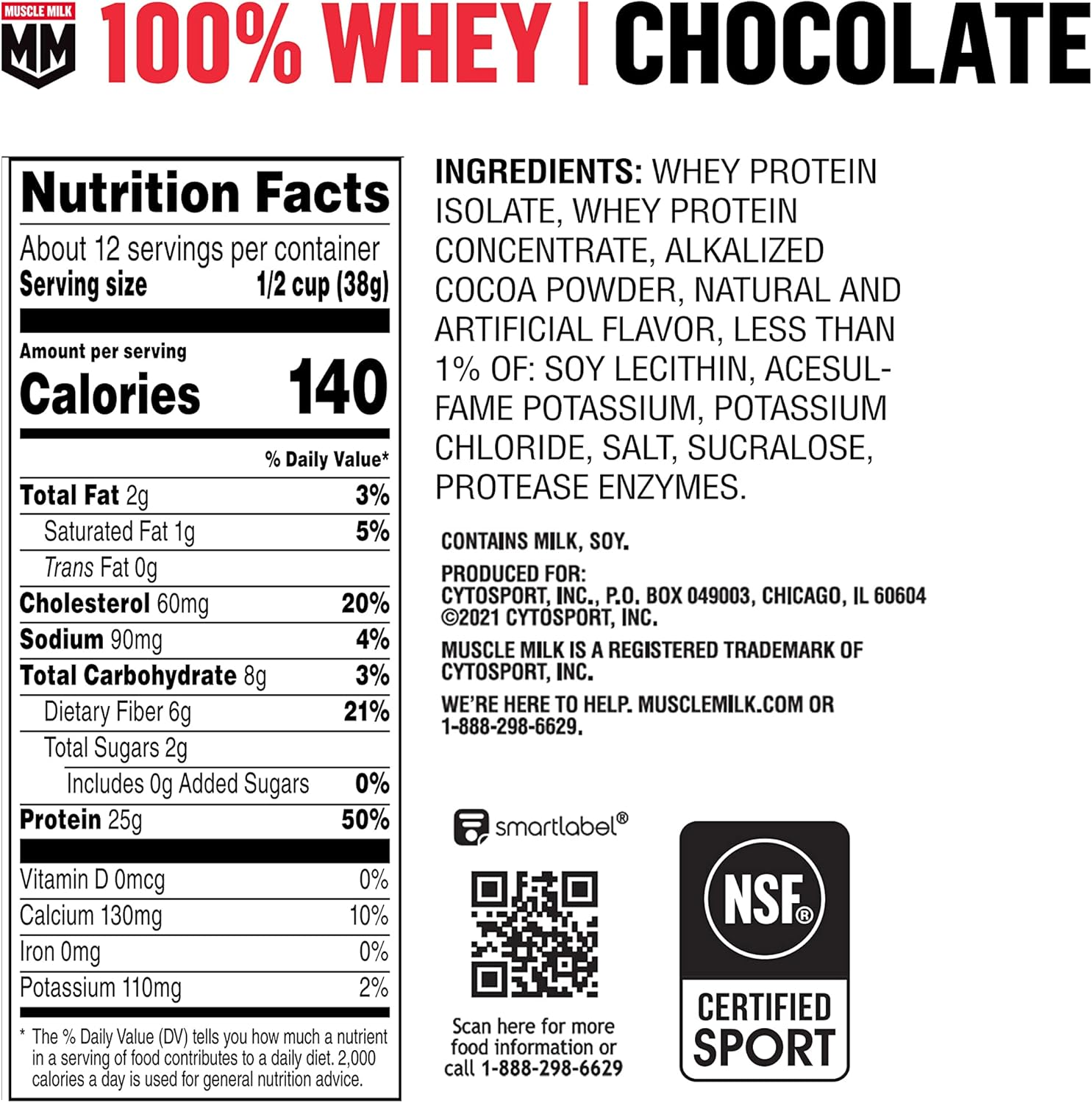 Nutrition label for MUSCLE MILK 100% WHEY Protein Powder, Chocolate