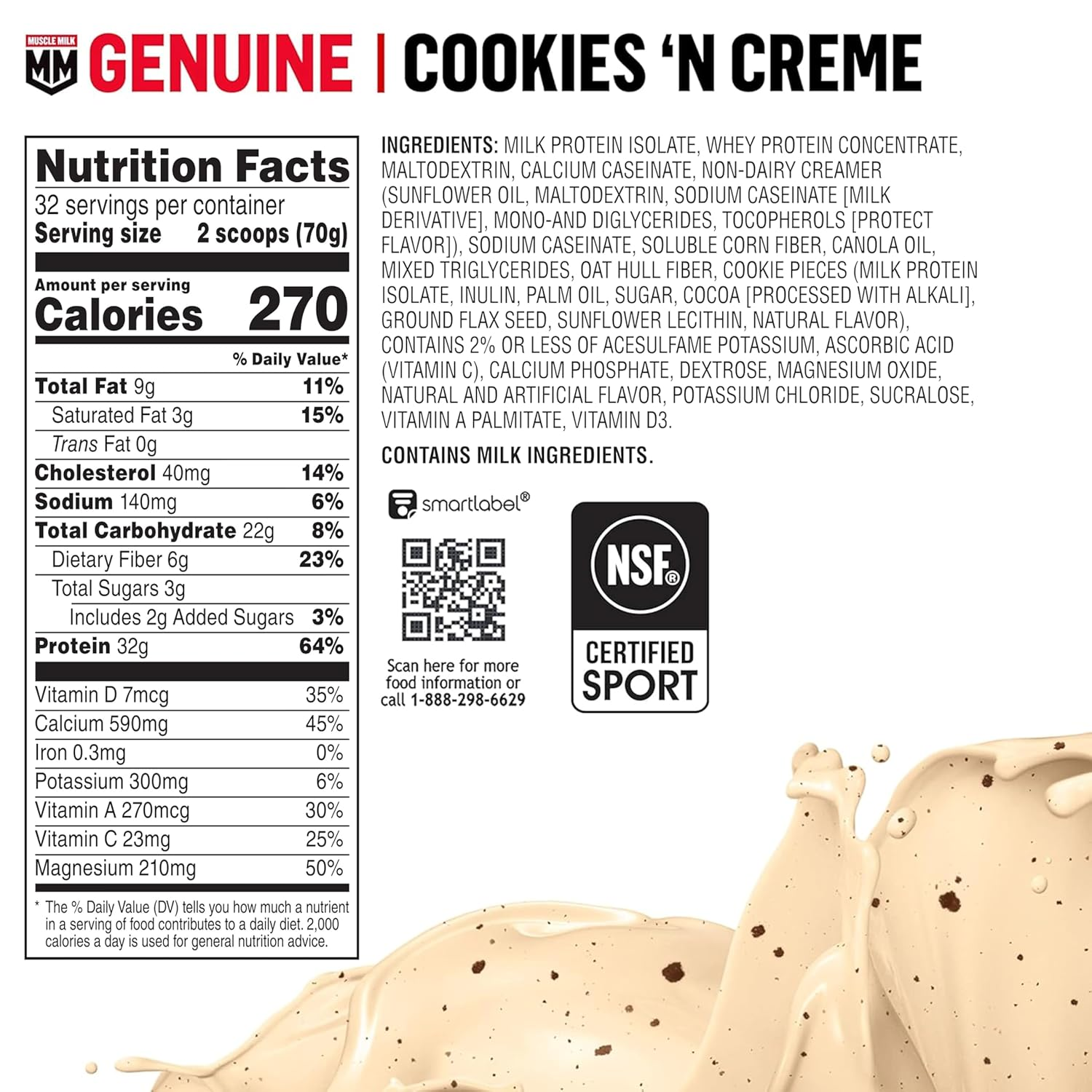 Nutrition label for MUSCLE MILK GENUINE Protein Powder, Cookies 'n Creme