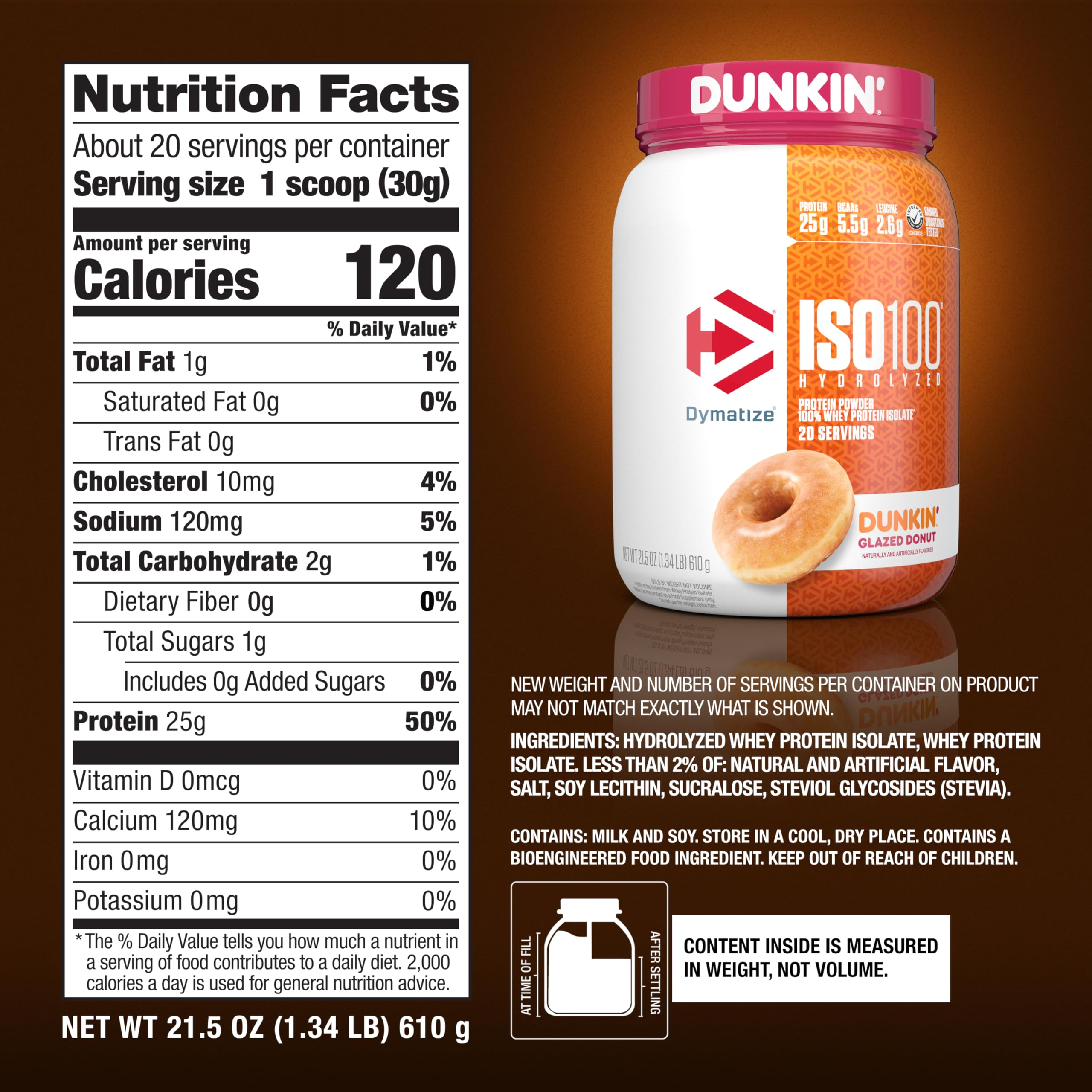 Nutrition label for ISO100, Dunkin'™ Glazed Donut