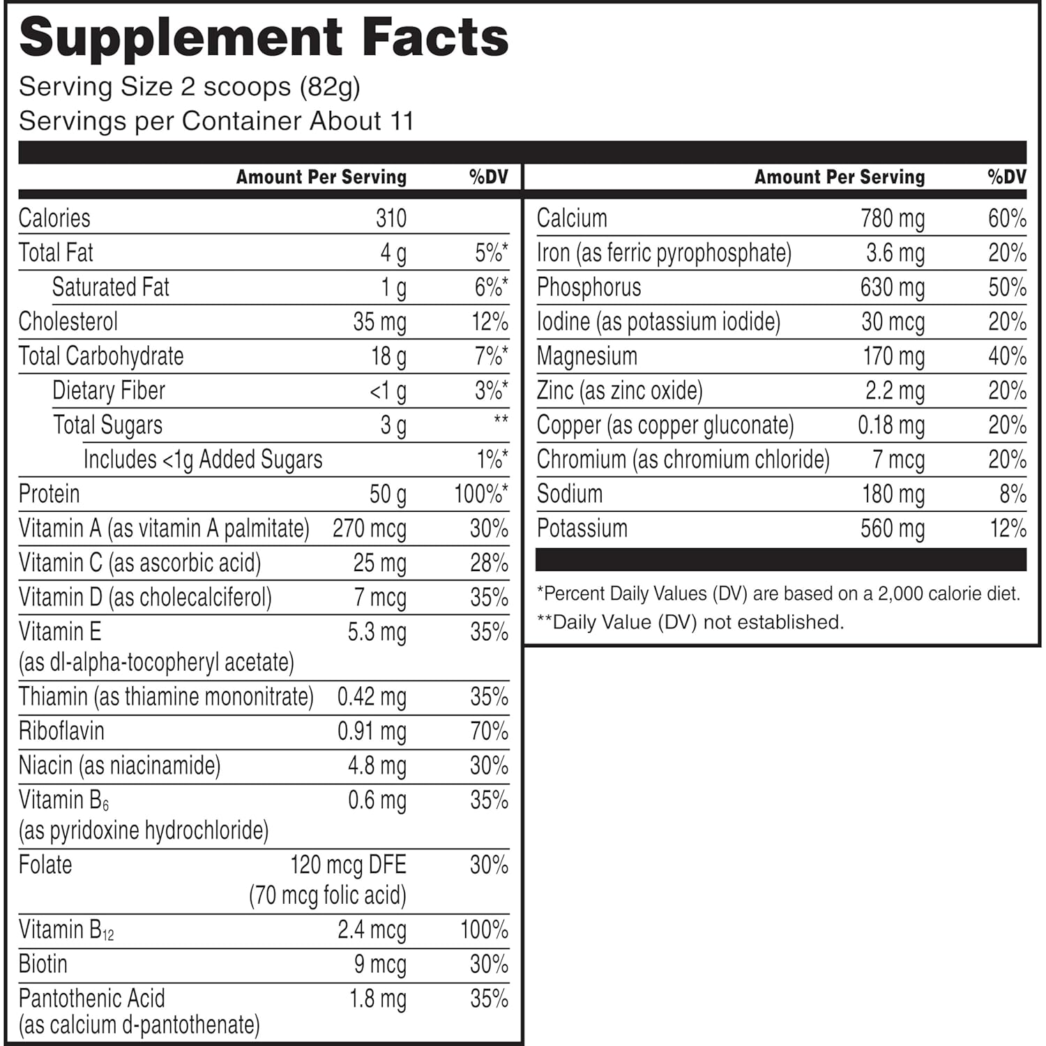 Nutrition label for MUSCLE MILK PRO SERIES Protein Powder, Slammin' Strawberry
