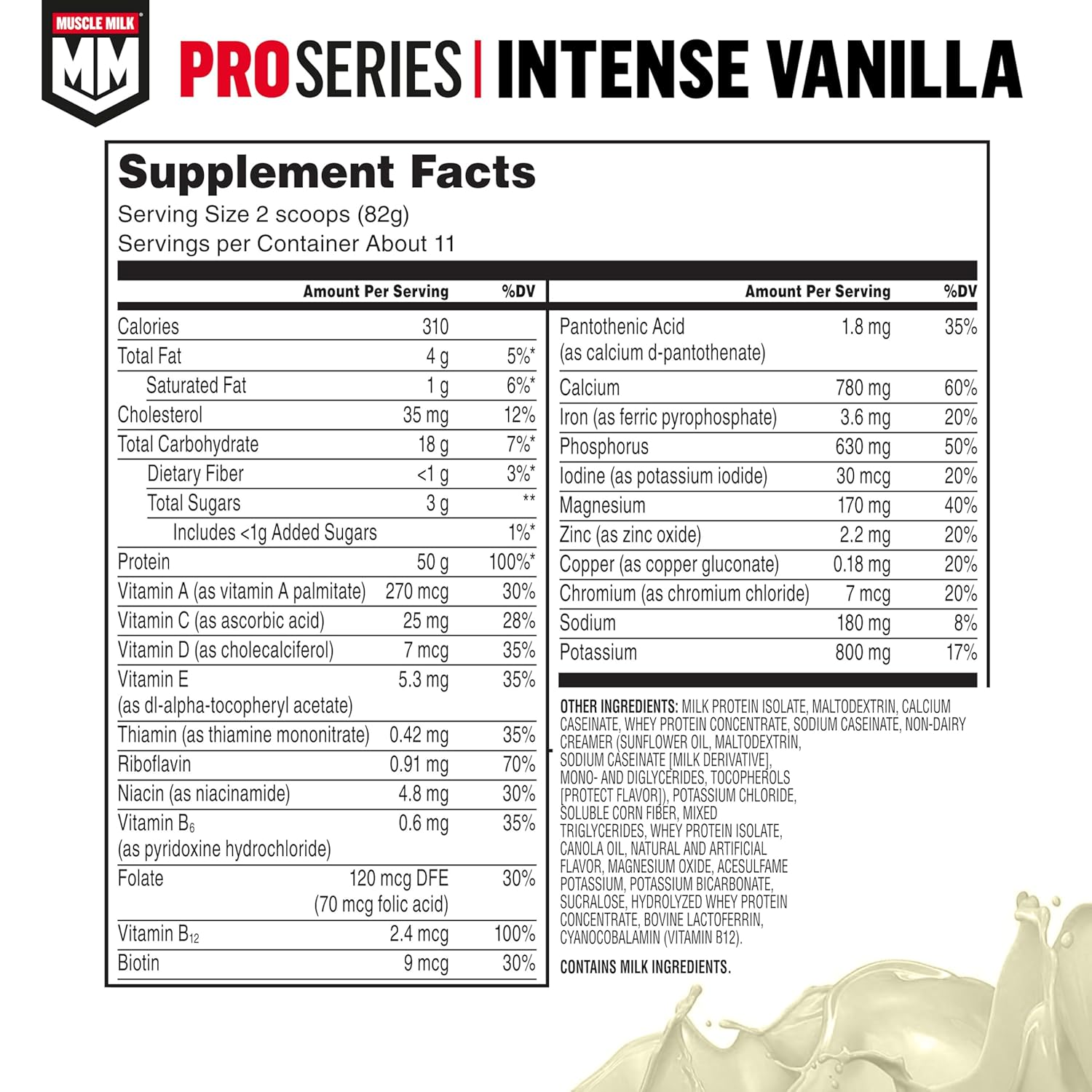 Nutrition label for MUSCLE MILK PRO SERIES Protein Powder, Intense Vanilla