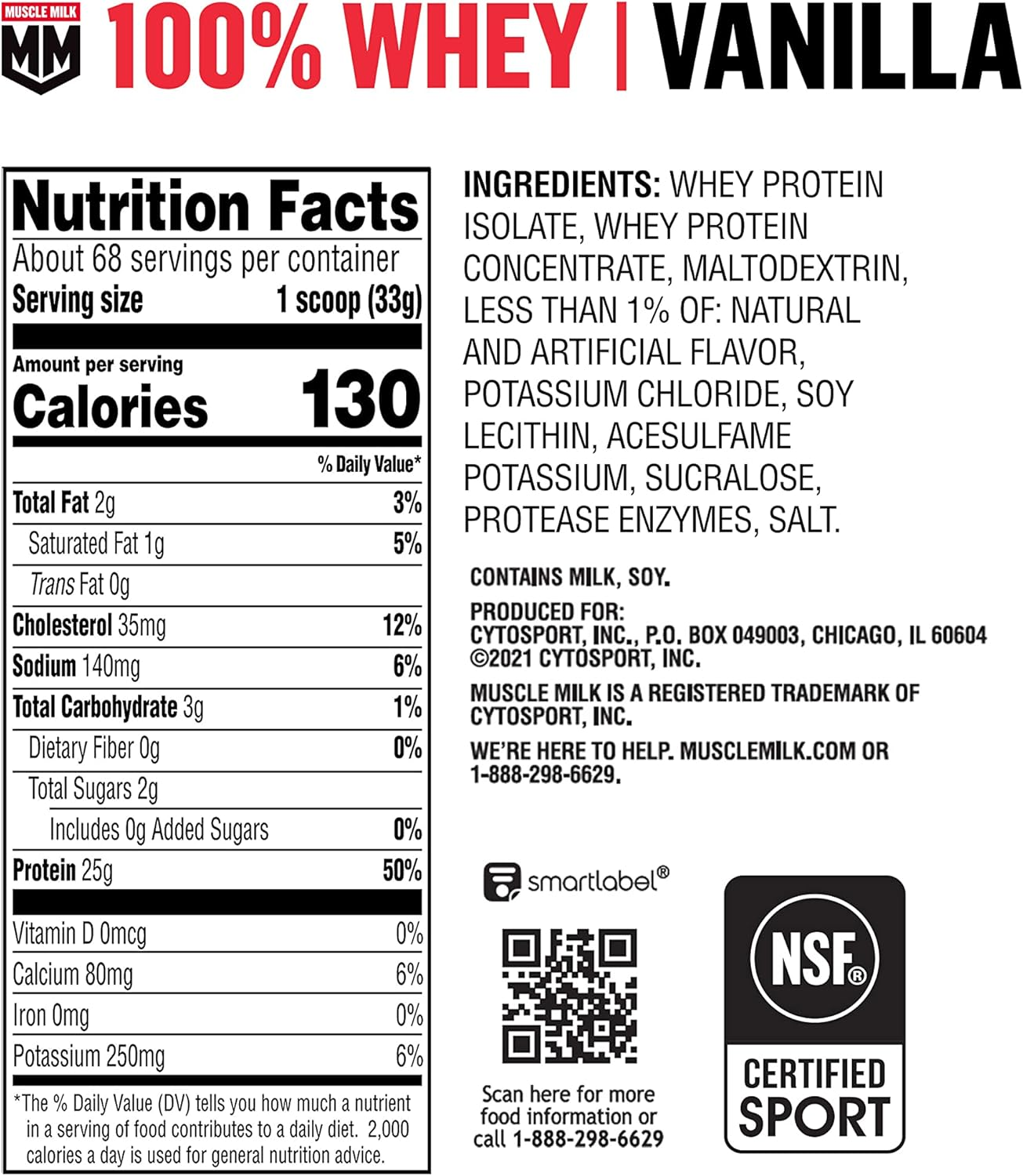 Nutrition label for MUSCLE MILK 100% WHEY Protein Powder, Vanilla