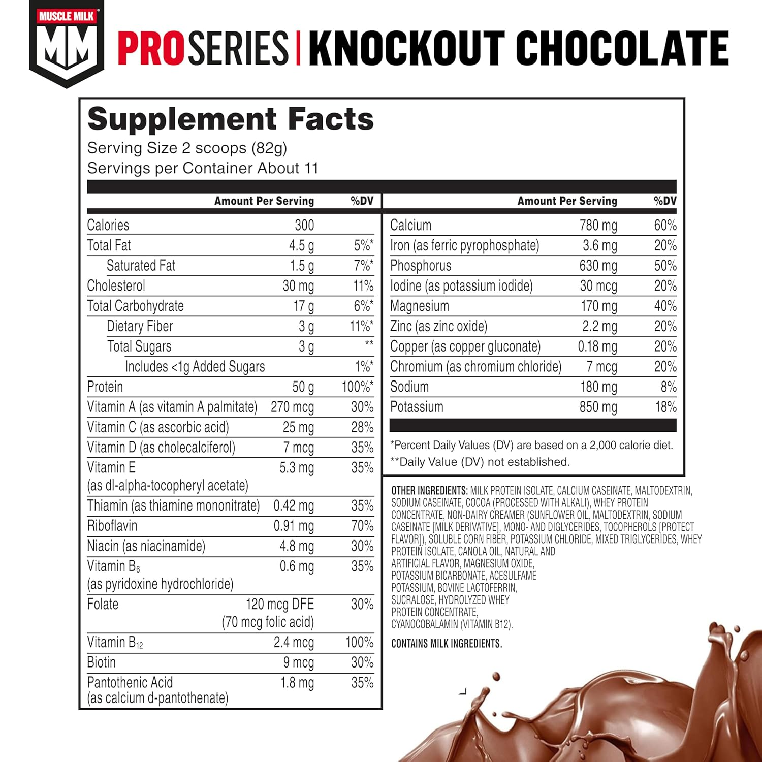 Nutrition label for MUSCLE MILK PRO SERIES Protein Powder, Knockout Chocolate