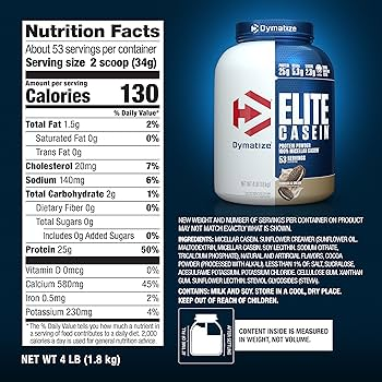 Nutrition label for Elite Casein, Cookies & Cream