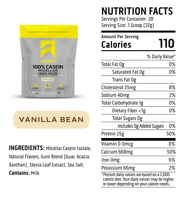 Nutrition label for Vanilla Bean Micellar Casein