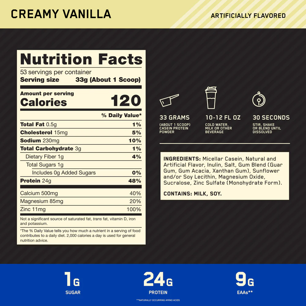 Nutrition label for GOLD STANDARD® 100% Casein, Creamy Vanilla