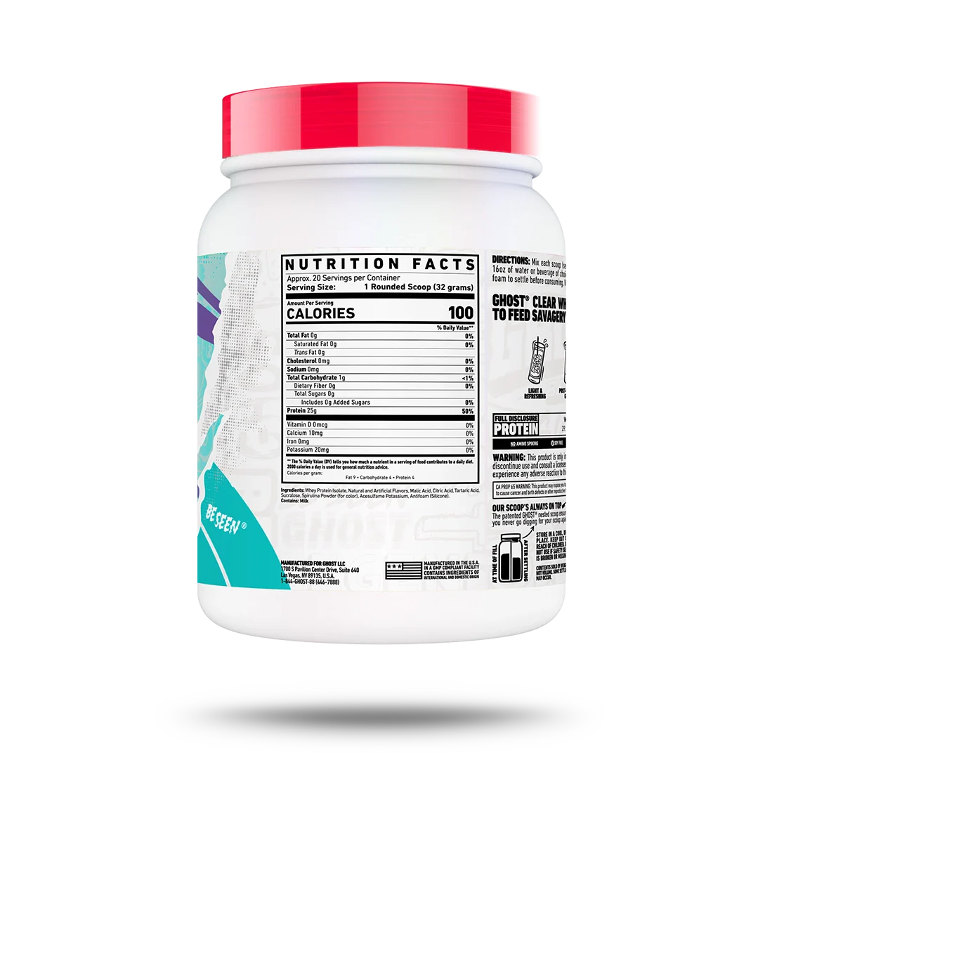 Nutrition label for Ghost Clear Whey, Blue Raspberry