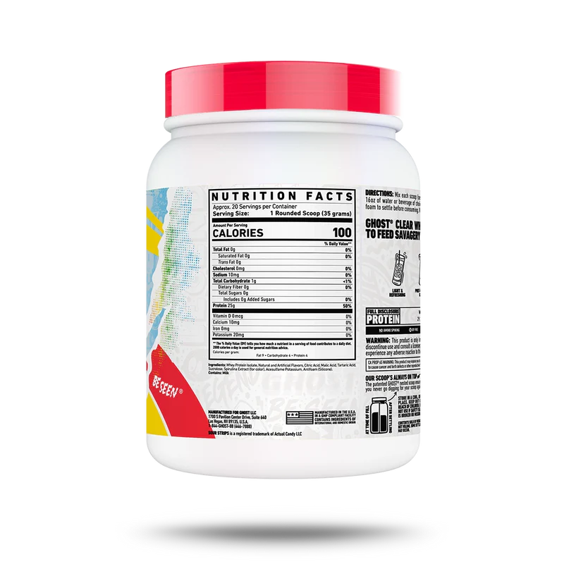 Nutrition label for Ghost Clear Whey, Sour Strips® Rainbow