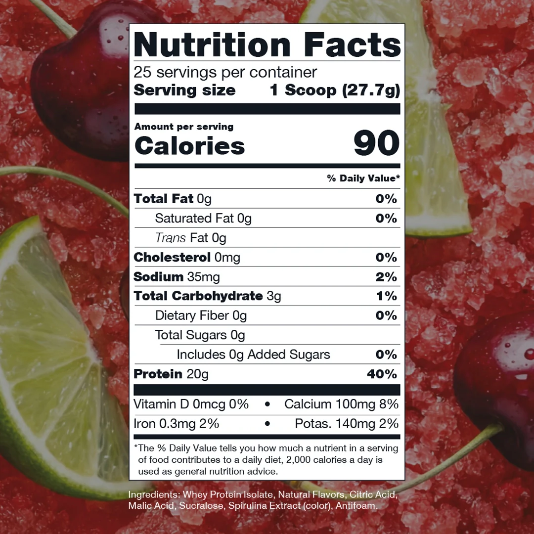 Nutrition label for Clear Whey Protein, Cherry Lime Slush