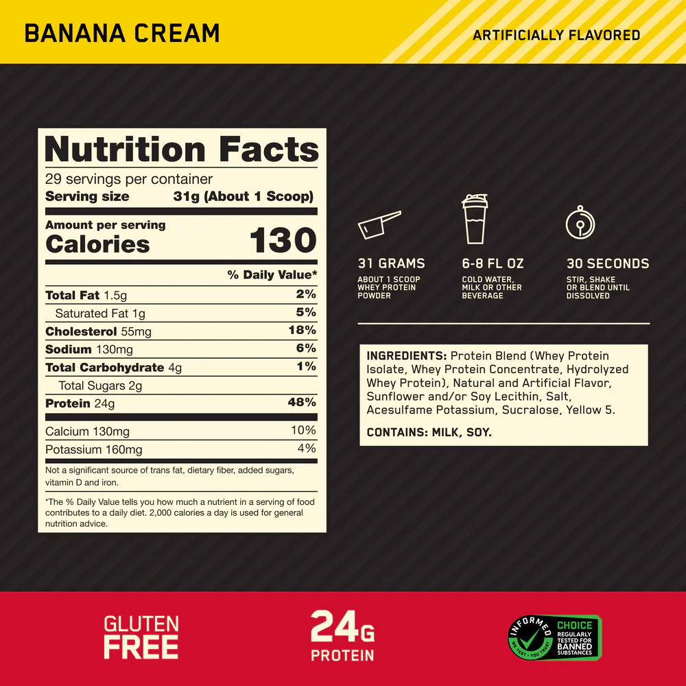 Nutrition label for GOLD STANDARD 100% WHEY™, Banana Cream