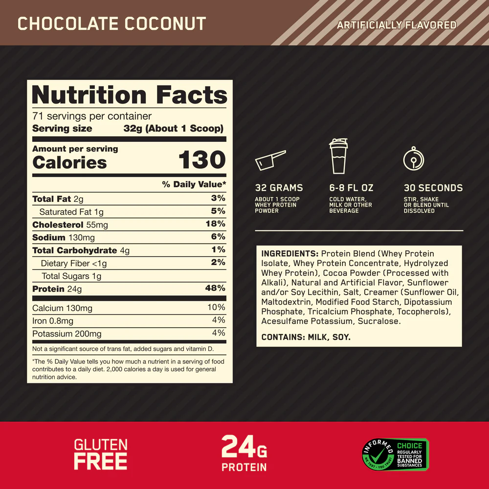 Nutrition label for GOLD STANDARD 100% WHEY™, Chocolate Coconut