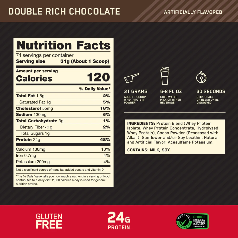 Nutrition label for GOLD STANDARD 100% WHEY™, Double Rich Chocolate