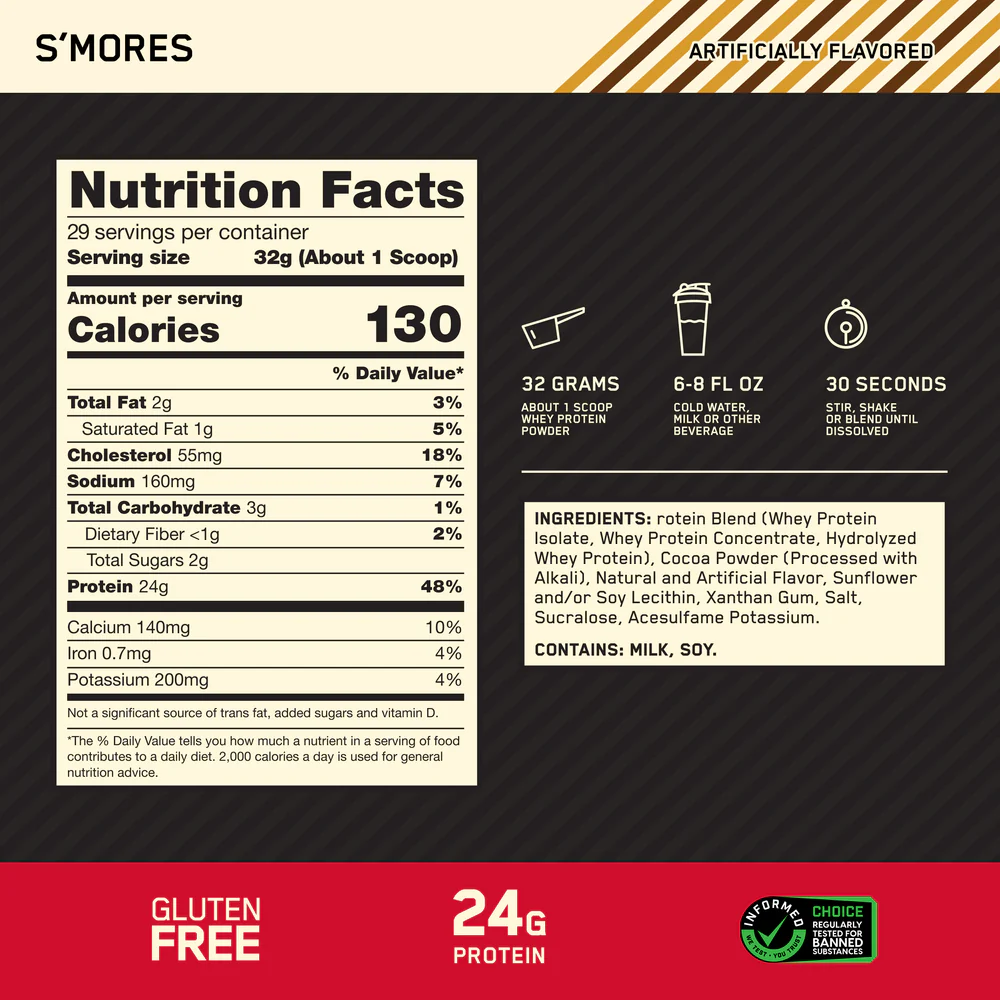 Nutrition label for GOLD STANDARD 100% WHEY™, S'Mores