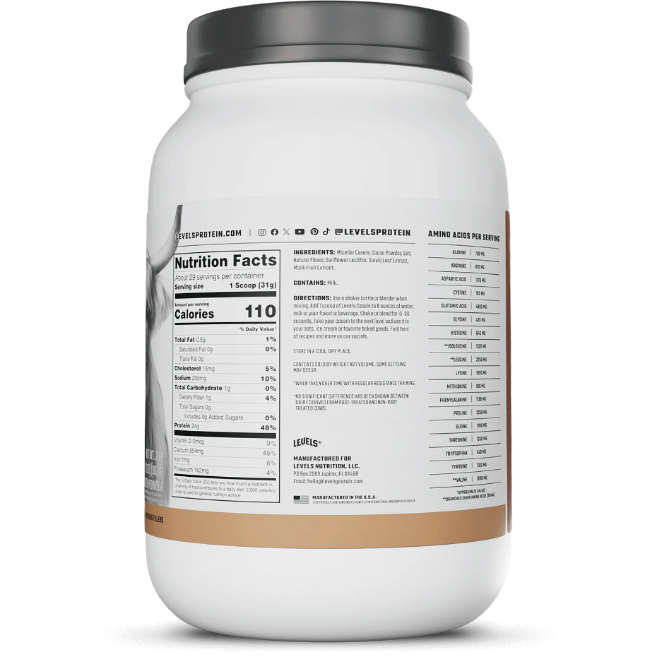 Nutrition label for Casein Protein, Pure Chocolate
