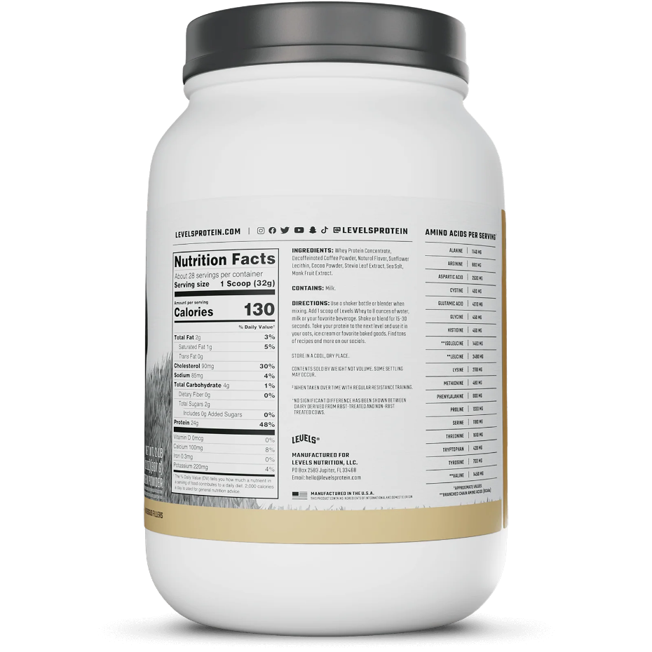 Nutrition label for Whey Protein, Cappuccino