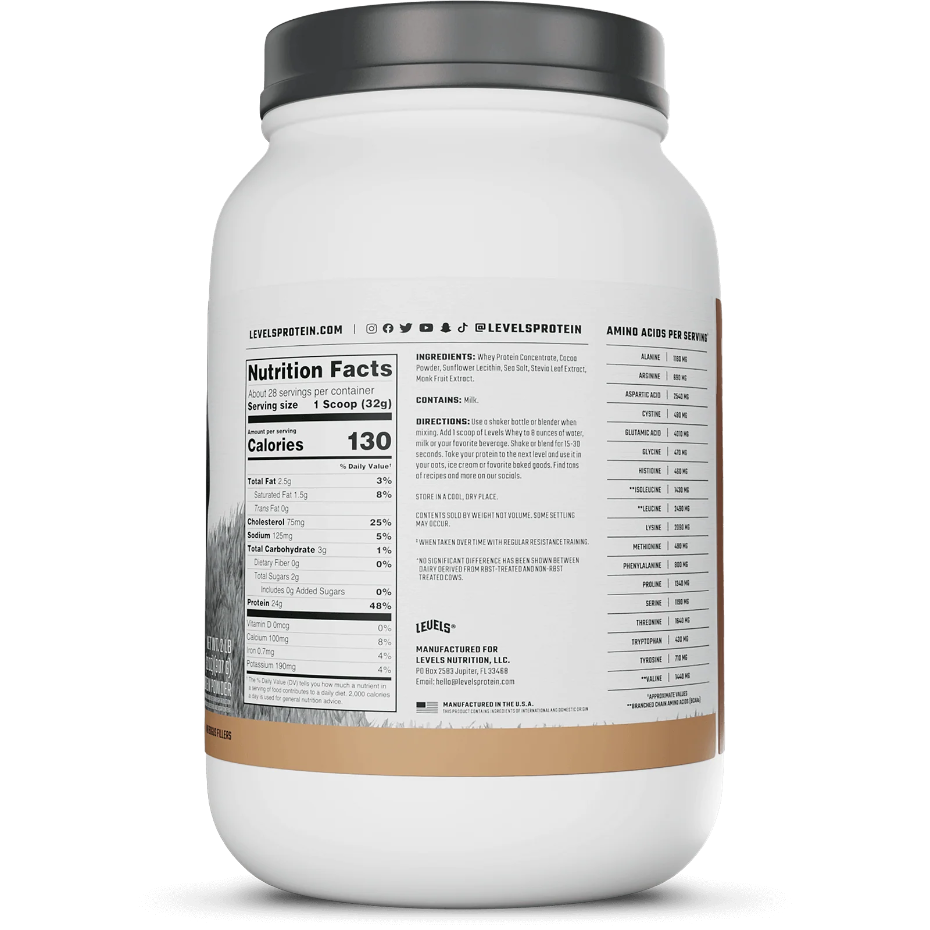 Nutrition label for Whey Protein, Pure Chocolate