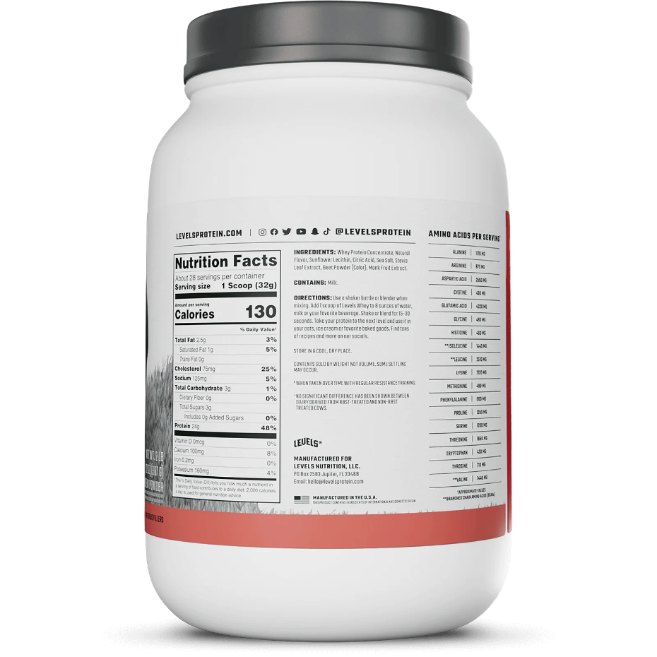 Nutrition label for Whey Protein, Strawberry