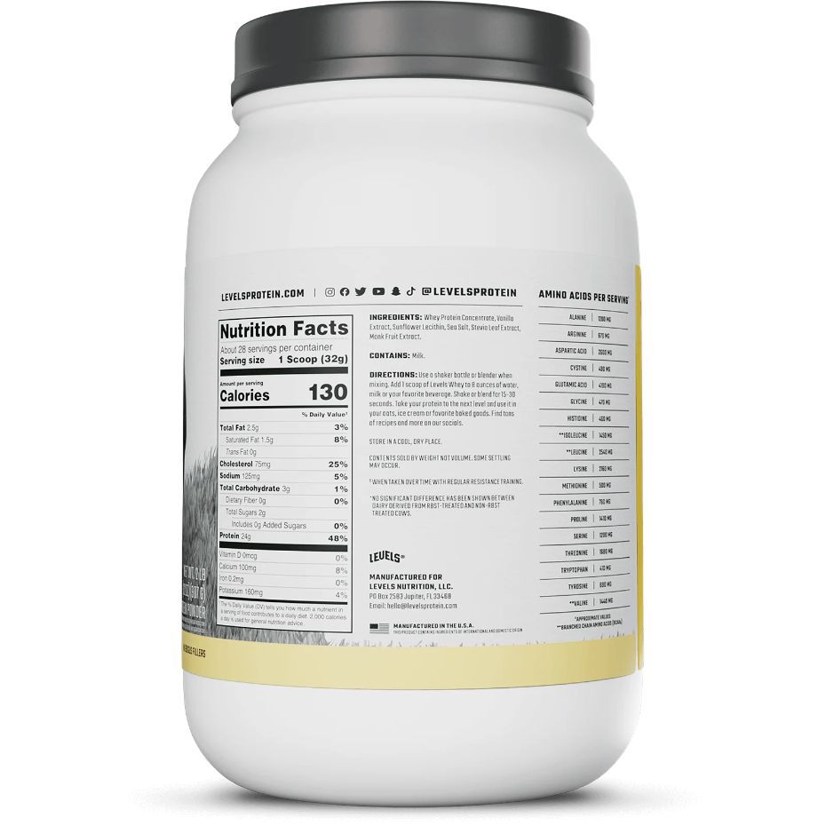 Nutrition label for Whey Protein, Vanilla Bean
