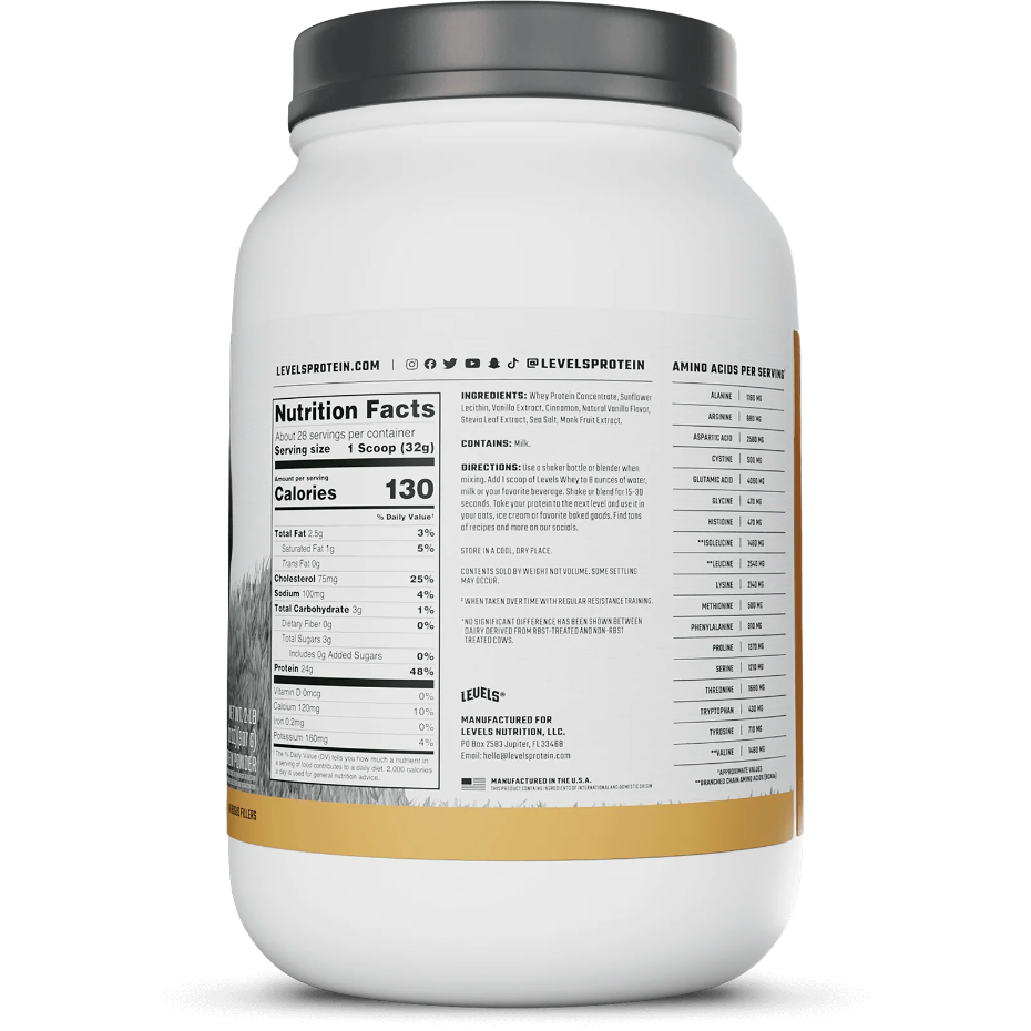 Nutrition label for Whey Protein, Vanilla Cinnamon