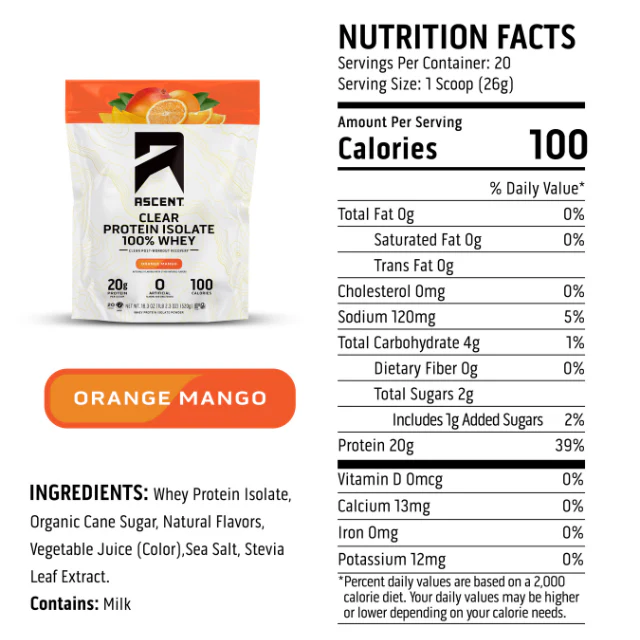 Nutrition label for Orange Mango Clear Whey Protein Isolate