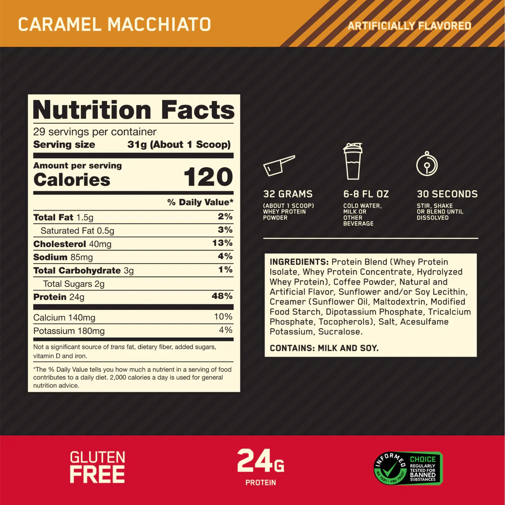 Nutrition label for GOLD STANDARD 100% WHEY™, Caramel Macchiato