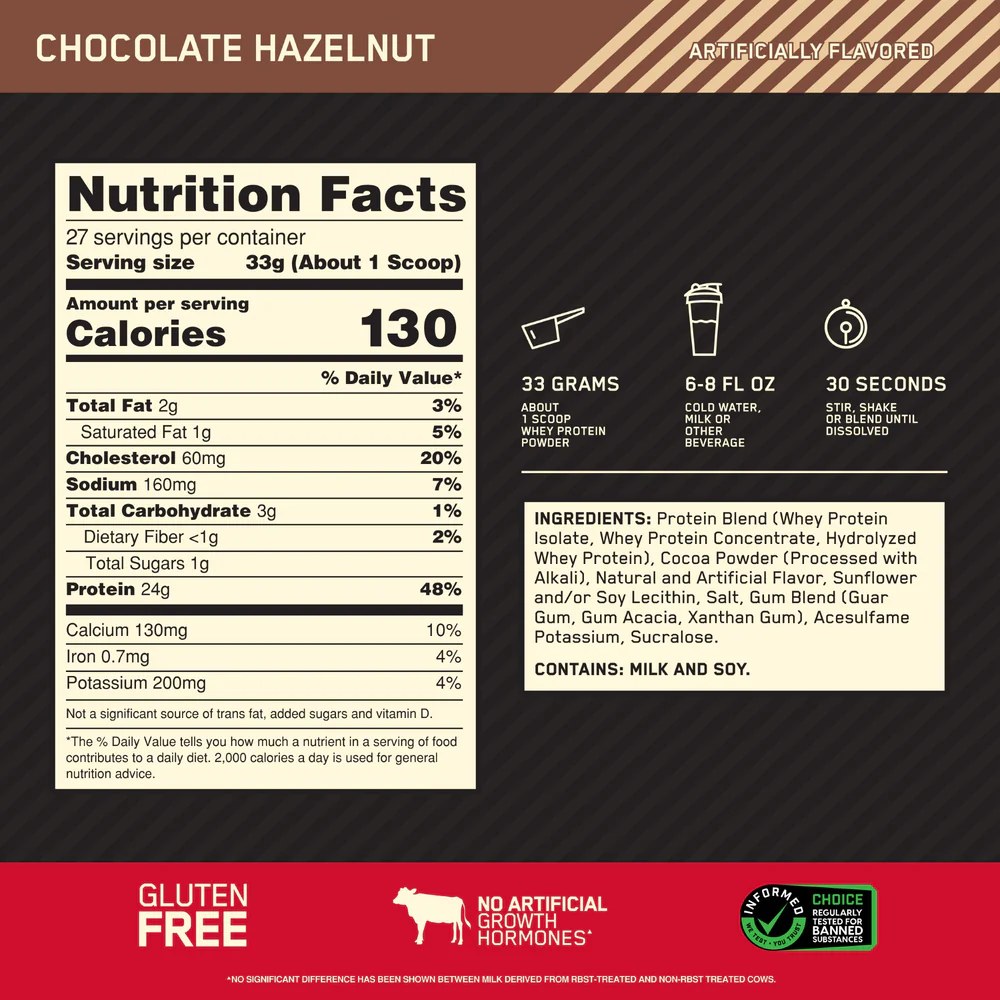 Nutrition label for GOLD STANDARD 100% WHEY™, Chocolate Hazelnut