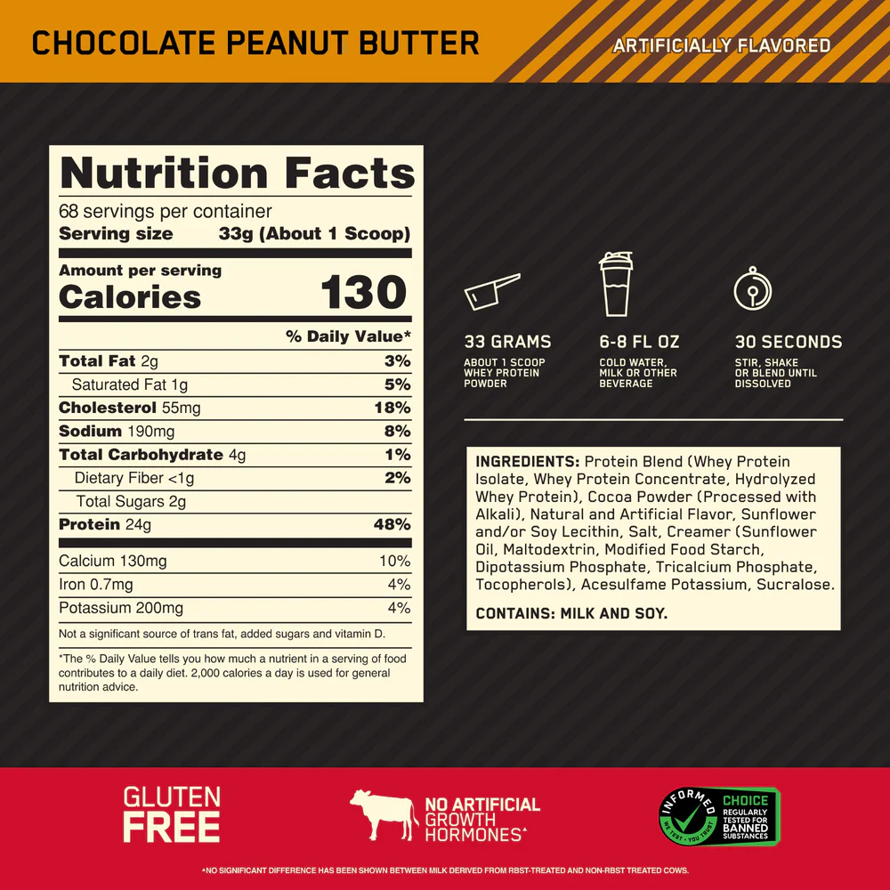 Nutrition label for GOLD STANDARD 100% WHEY™, Chocolate Peanut Butter
