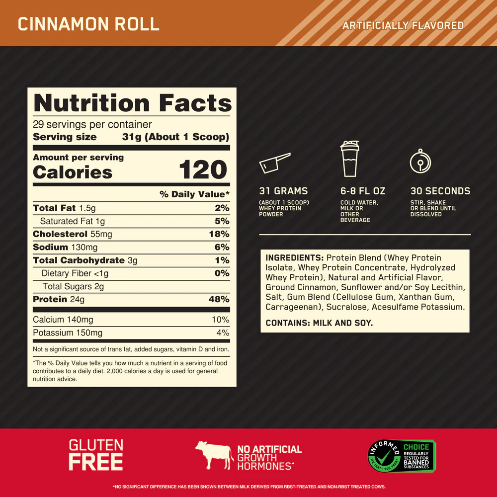 Nutrition label for GOLD STANDARD 100% WHEY™, Cinnamon Roll