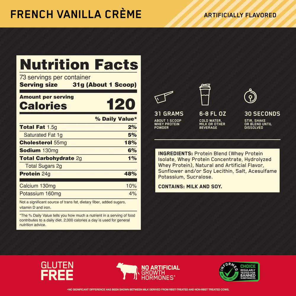 Nutrition label for GOLD STANDARD 100% WHEY™, French Vanilla Creme