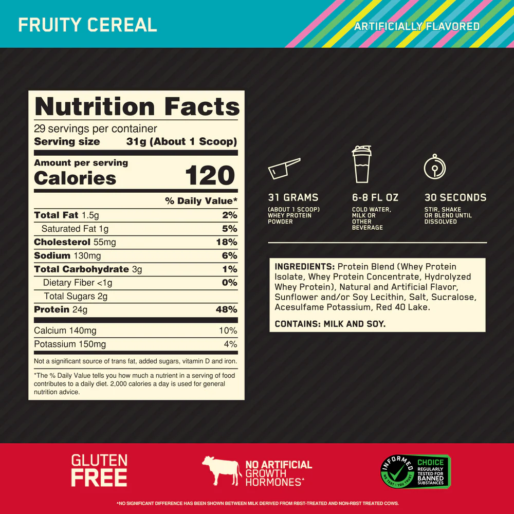 Nutrition label for GOLD STANDARD 100% WHEY™, Fruity Cereal