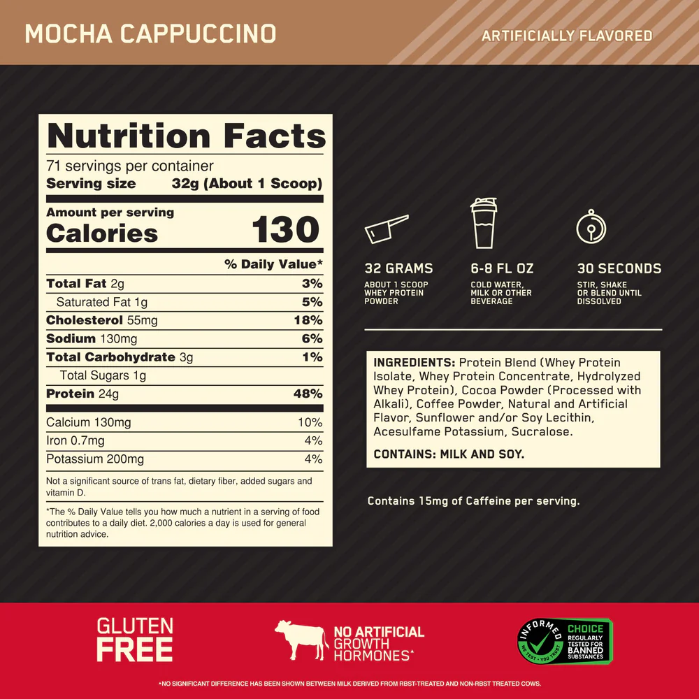Nutrition label for GOLD STANDARD 100% WHEY™, Mocha Cappuccino