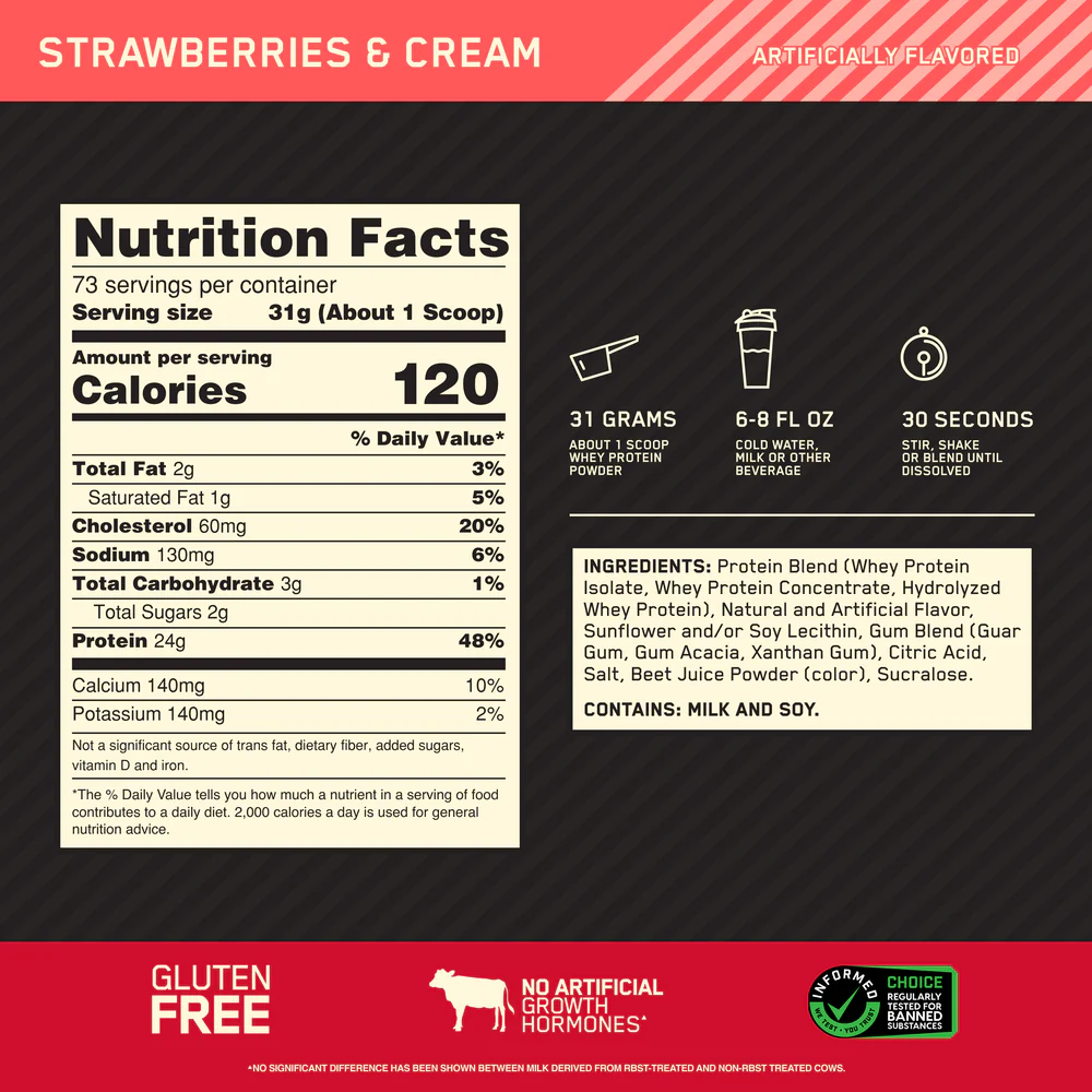 Nutrition label for GOLD STANDARD 100% WHEY™, Strawberries & Cream