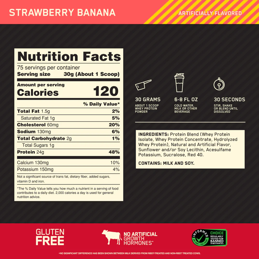 Nutrition label for GOLD STANDARD 100% WHEY™, Strawberry Banana