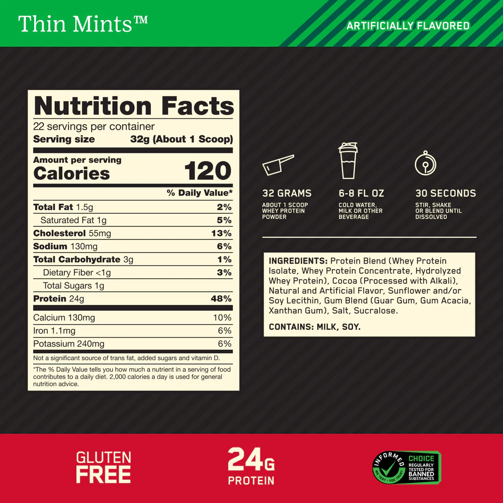 Nutrition label for GOLD STANDARD 100% WHEY™, Girl Scouts Thin Mints™