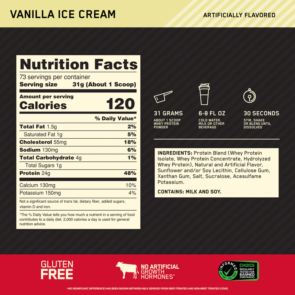 Nutrition label for GOLD STANDARD 100% WHEY™, Vanilla Ice Cream