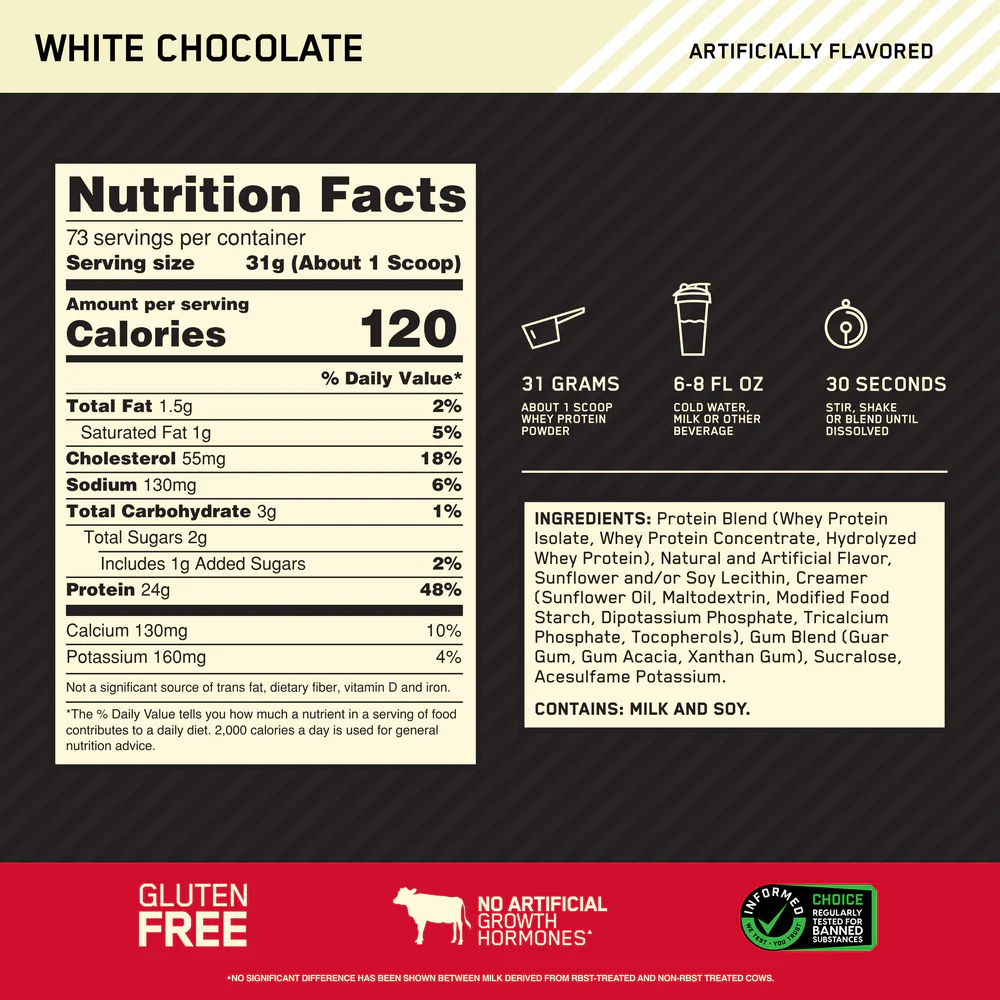 Nutrition label for GOLD STANDARD 100% WHEY™, White Chocolate