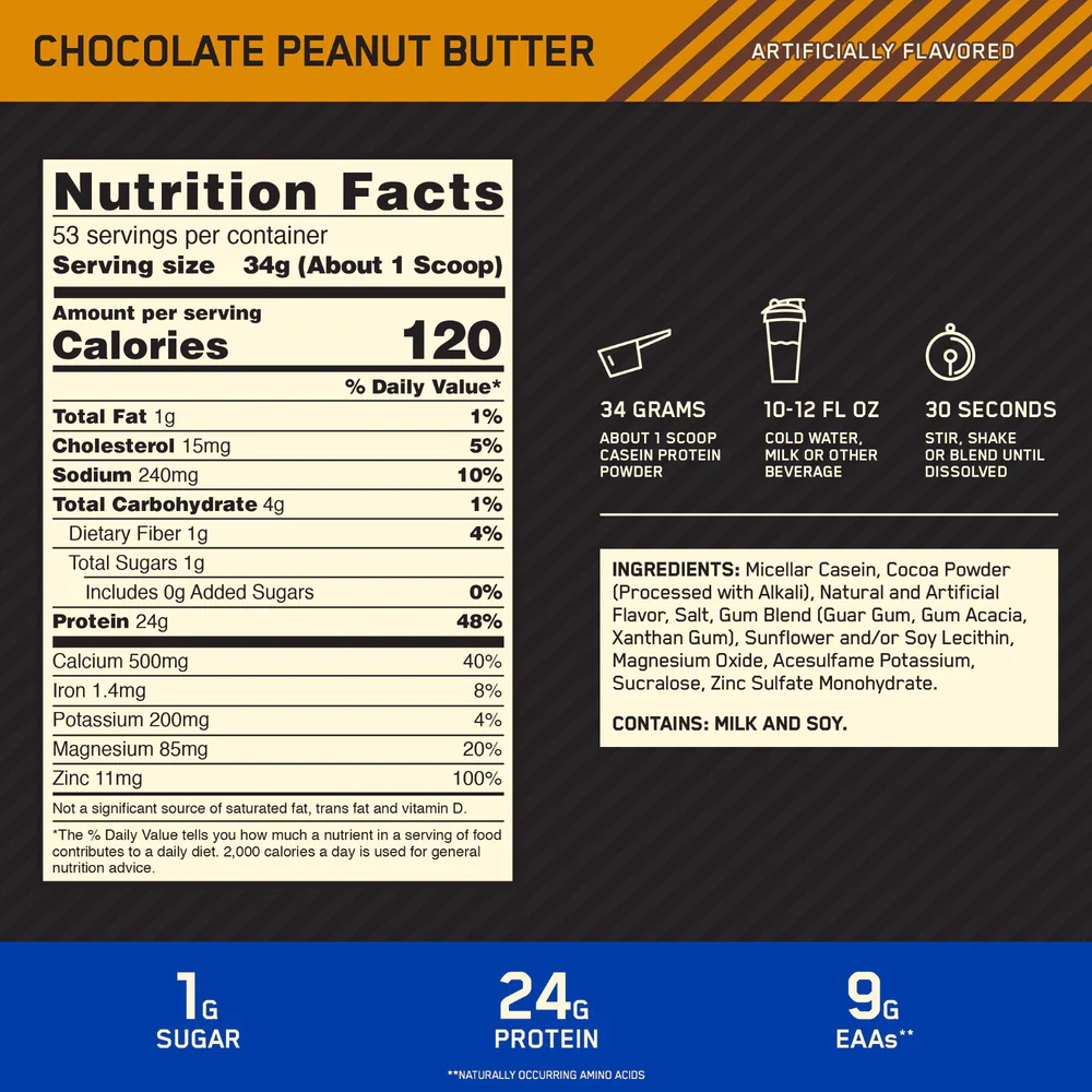 Nutrition label for GOLD STANDARD® 100% Casein, Chocolate Peanut Butter