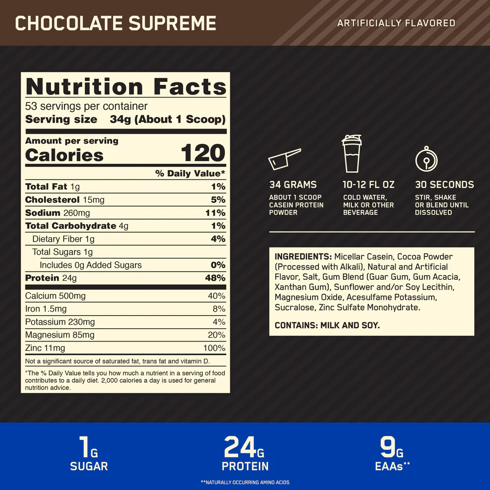 Nutrition label for GOLD STANDARD® 100% Casein, Chocolate Supreme