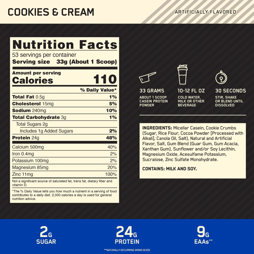 Nutrition label for GOLD STANDARD® 100% Casein, Cookies & Cream