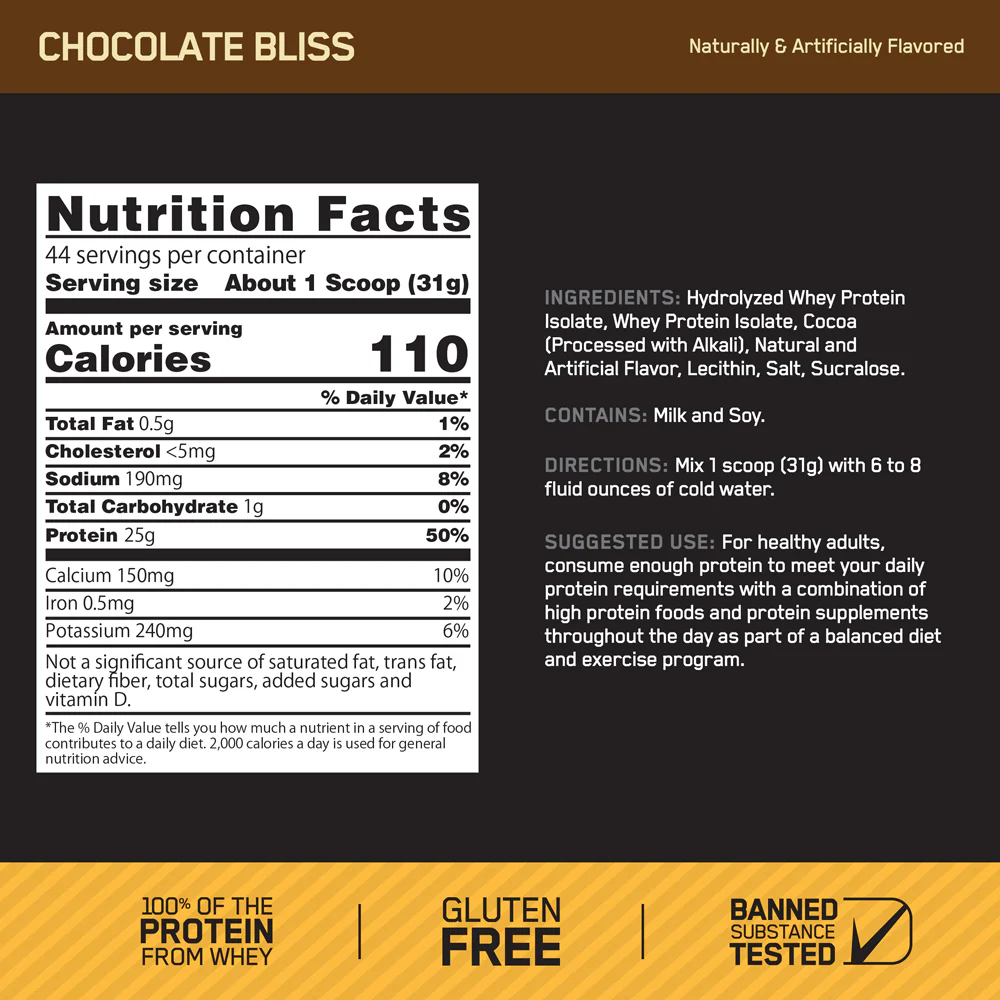 Nutrition label for Gold Standard 100% Isolate Whey, Chocolate Bliss