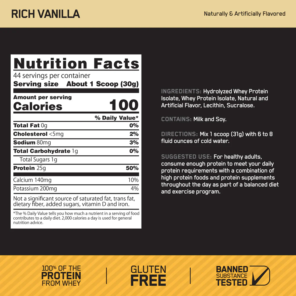 Nutrition label for Gold Standard 100% Isolate Whey, Rich Vanilla