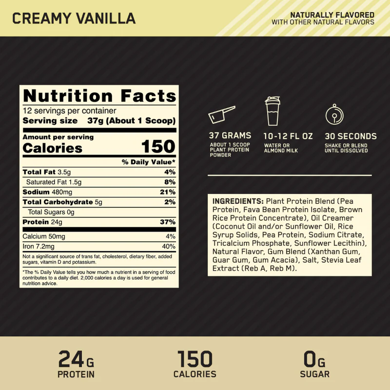 Nutrition label for GOLD STANDARD® 100% Plant Protein, Creamy Vanilla