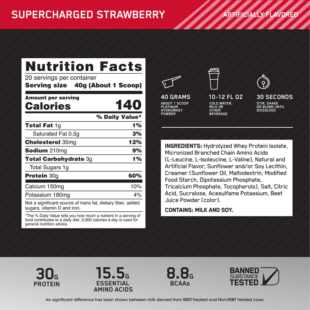 Nutrition label for PLATINUM HYDROWHEY™, Supercharged Strawberry